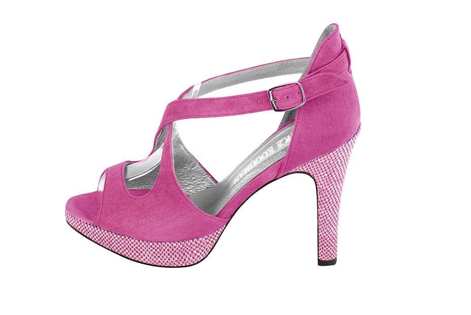 Shocking pink women's closed back sandals, with crossed straps. Round toe. Very high slim heel with a platform at the front. Profile view - Florence KOOIJMAN